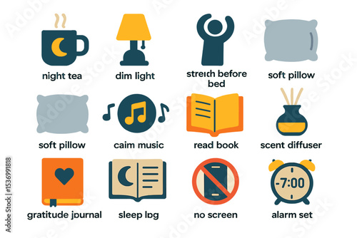 Nighttime routine elements: tea, light, music, books, sleep aids, alarms