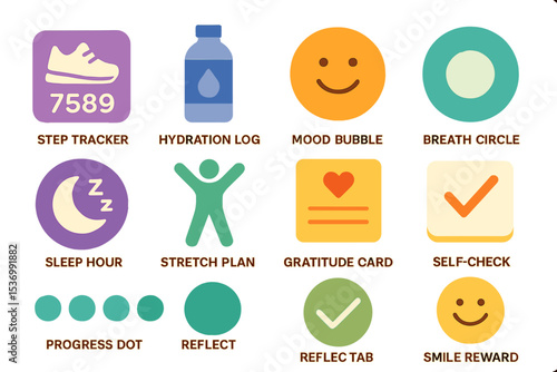 Colorful health and wellness icons featuring fitness and mindfulness elements
