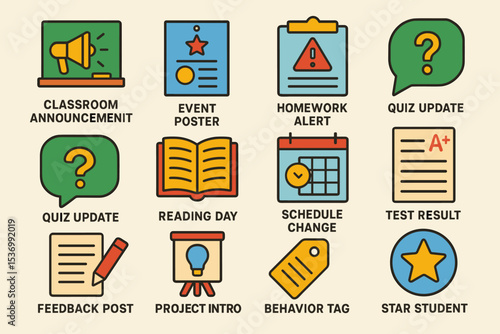 Classroom icons for announcements, quiz updates, reading, and more