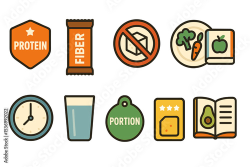 Nutritional icons set: protein, fiber, diet, vegetables, portion control, hydration, healthy eating
