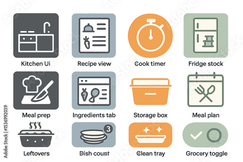 Kitchen icons: meal prep, cook timer, recipe view, storage box, grocery toggle
