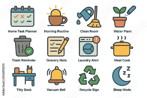 Daily chore icons: task planner, morning routine, clean room, water plant, trash reminder