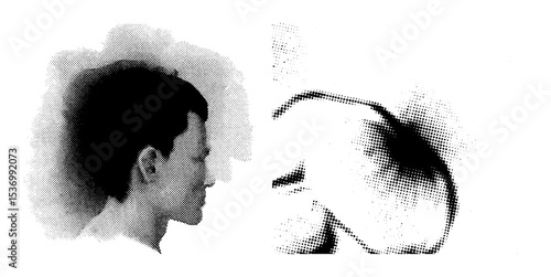 Vector Contemplative profiles a man and a woman face each other in a dotted .