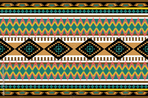 colorful, symmetrical pattern inspired by traditional tribal or ethnic textile designs. The central section features a row of black diamonds with blue-green interior motifs, background 