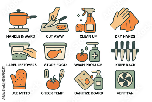 Kitchen safety tips illustrated: food handling, cleaning, and storage practices