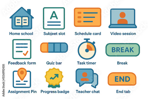 Educational icons for home schooling and online learning with feedback forms and task timers