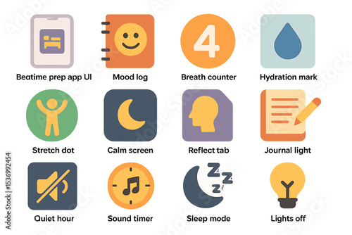 Bedtime preparation app interface: mood, hydration, sleep, and reflection tools