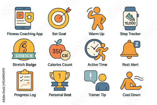 Fitness app icons: goals, tracking, alerts, and tips for active lifestyle