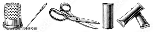 Vector Vintage tailoring tools including a thimble  scissors thread spool and bobbins are displayed.