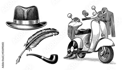 Vector Vintage collection featuring a hat quill scooter and suit .