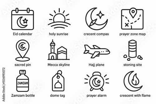 Eid calendar, holy sunrise, crescent compass, prayer zone map, mecca skyline icons