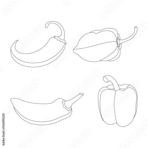 Four In Four Styles Outline Pepper Vector Design Bundle. Pepper Habanero Jalapeno Bell Serrano. Vector Illustration