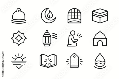Set of islamic icons: prayer, mosque, lantern, crescent, quran, worship