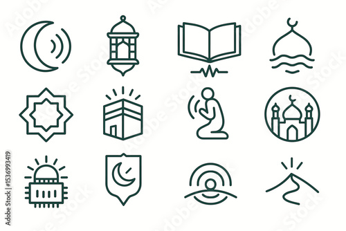 Islamic symbols collection: crescent, lantern, mosque, kaaba, prayer, quran, and dome icons