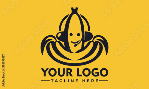 Cheerful cartoon banana character with a happy face wearing a headset, emerging from a peeled banana. Communication and fun concept