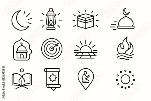 Islamic symbols: lantern, mosque, crescent moon, quran, kaaba icons in black outline