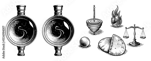 Vector Alchemical symbols and objects depict ancient wisdom and balance.
