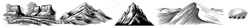 Vector Dramatic mountain range illustrations showcase sharp stylized peaks and textures.