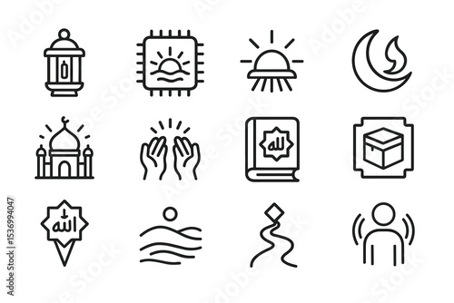 Islamic symbols: lantern, mosque, quran, moon, prayer, pilgrimage path