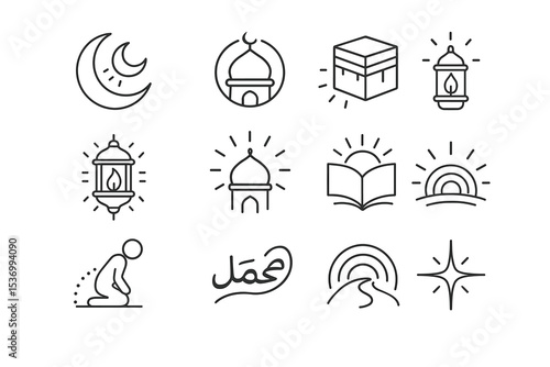 Islamic line icons: crescent, mosque, kaaba, lantern, prayer, quran, arabic calligraphy