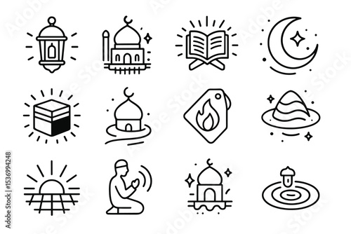 Islamic symbols collection: mosque, quran, crescent moon, ramadan lantern, prayer