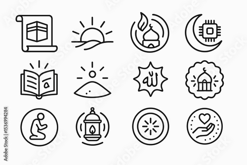 Simple line art icons for islamic concepts and daily life