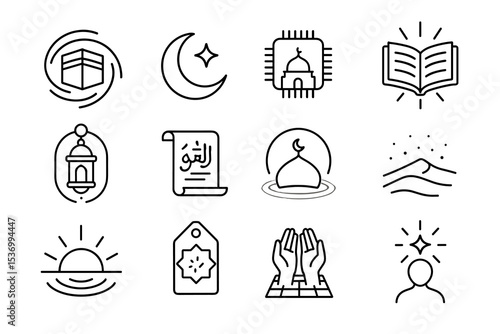 Islamic symbols collection including mosque, crescent, prayer, quran, and lantern icons