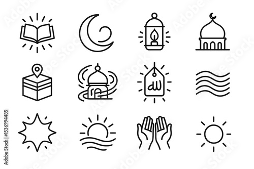Islamic symbols: crescent, mosque, quran, lantern, prayer, sun, waves, pilgrimage icons