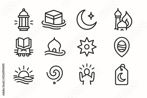 Icons of islamic culture and spirituality: mosque, quran, crescent moon, and more