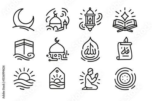 Islamic line art: crescent, mosque, lantern, quran, kaaba, prayer, symbols