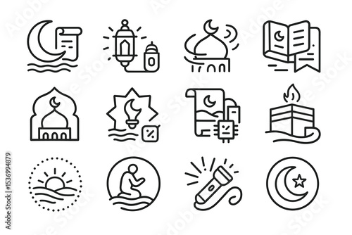 Islamic symbols: crescent, mosque, quran, lanterns, prayer icons collection