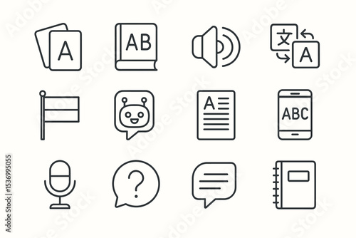 Language and communication icons set featuring translation and dictionary symbols