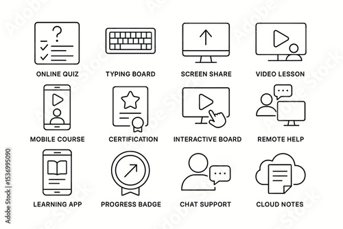 Digital learning icons: online quiz, video lesson, remote help, interactive board