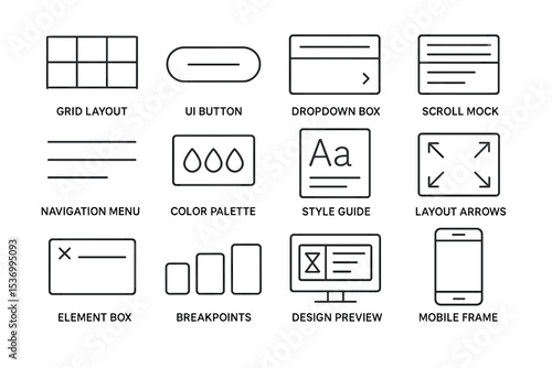 Grid layout ui elements: navigation, design, style guide, mobile frame, dropdown