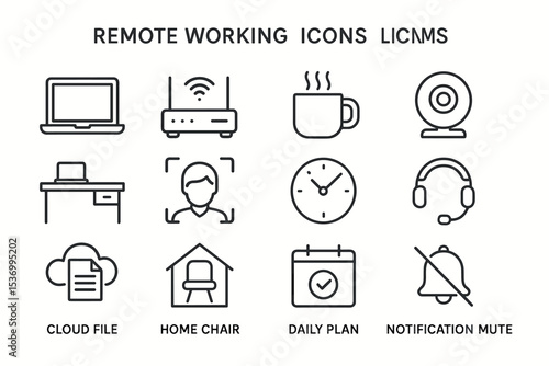 Remote working icons set: laptop, router, coffee, desk, webcam, cloud, headset, calendar