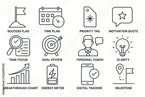 Productivity icons set with success, goals, coaching, and milestones