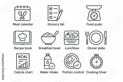 Meal planning essentials: calendar, grocery list, food scale, recipe book, calorie chart