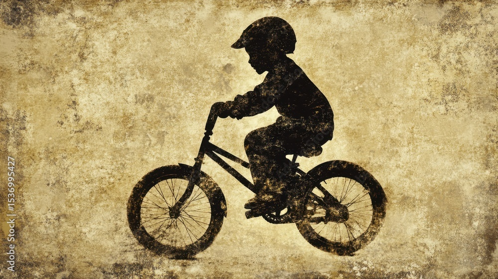Naklejka premium Silhouette of Child Riding Bike with Vintage Texture Background