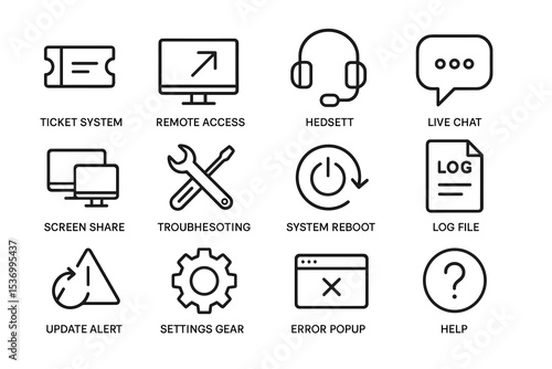 Tech support icons: ticket, remote access, headset, chat, gear, reboot, log, alert