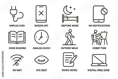 Simple line icons illustrating digital detox practices and activities