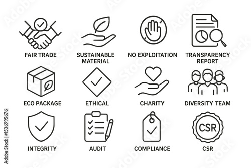 Icons representing fair trade, sustainability, and csr principles