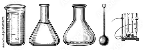 Vector Vintage laboratory glassware including a graduated cylinder Erlenmeyer flask round bottom flask and distillation apparatus are displayed in a detailed .