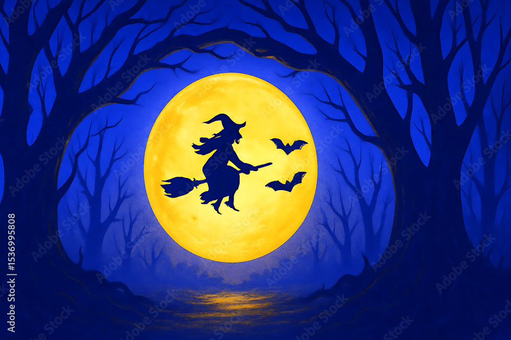 Witch Flying Broom Bats Yellow Moon Blue Forest Halloween Witch Flying Broom Bats Yellow Moon Blue Forest Halloween