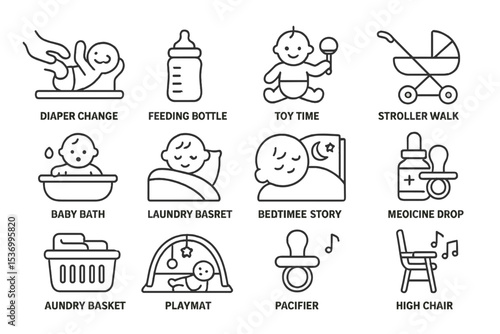 Baby essentials icons: diaper change, feeding bottle, toy time, stroller walk