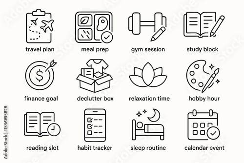 Organized lifestyle icons: travel, fitness, study, finance, relaxation, and hobbies