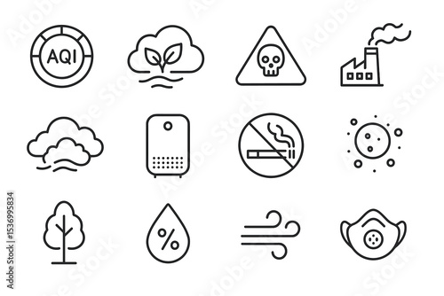 Air quality and pollution icons: factory, plant, mask, smoke, tree