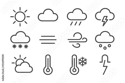 Weather icons collection: sun, clouds, rain, wind, snow, temperature