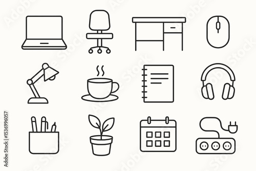 Minimalist office icons: laptop, chair, desk, mouse, and more in line art style