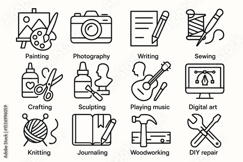 Artistic and craft hobbies icons: painting, photography, writing, sewing, crafting, sculpting, music, digital art
