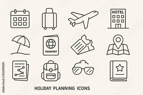 Holiday planning icons: travel, transportation, accommodation, beach, passport, tickets, map, guidebook